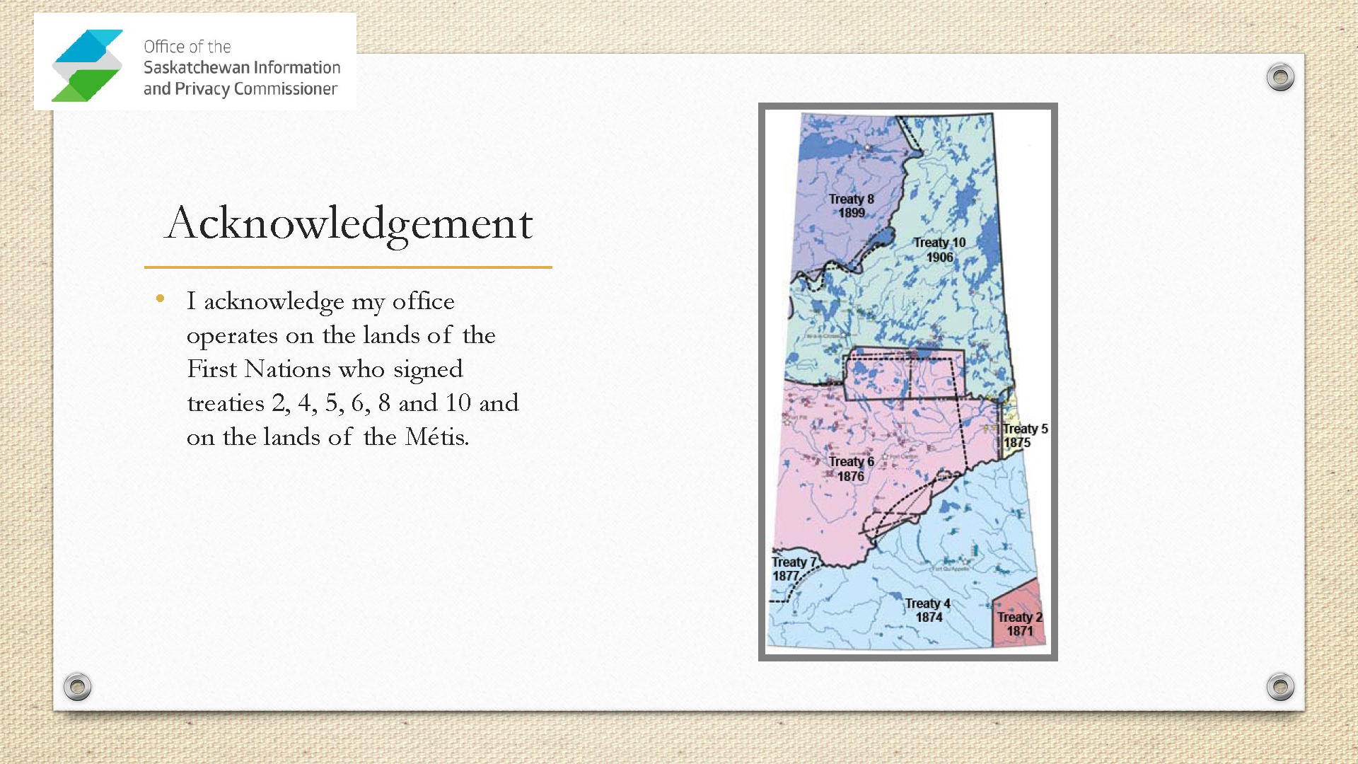 Acknowledgement text accompanied by a map of Saskatchewan showing the treaty territories.